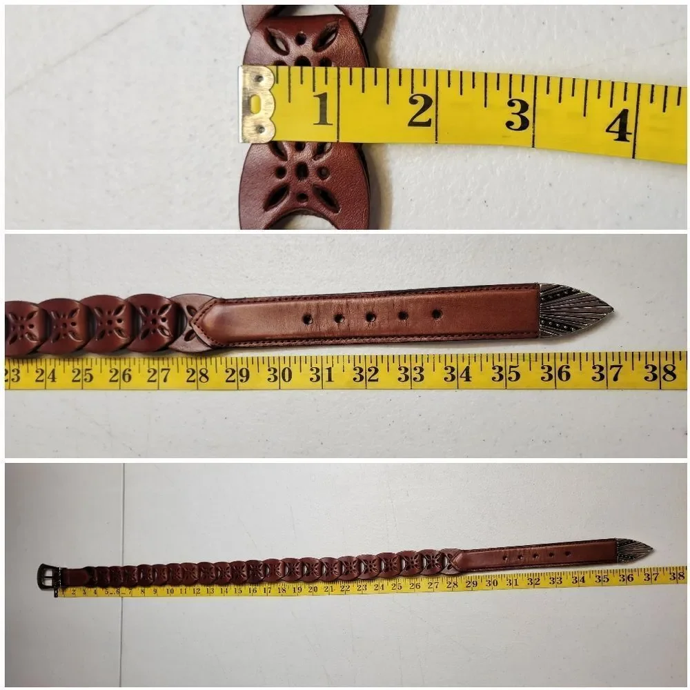 Brown Leather Interlock Tab Belt with Silver Toned Aztec Buckle